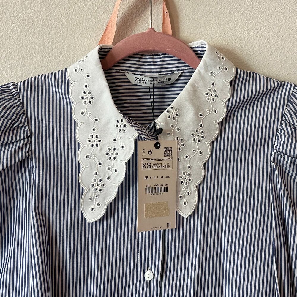 Zara embroidered eyelet detail collar blouse